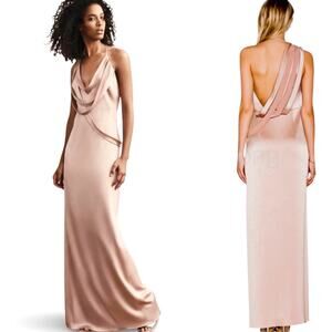 NEW Halston Heritage Sleeveless Slip Gown Draped Fabric Strips Almond/Pink Sz 8
